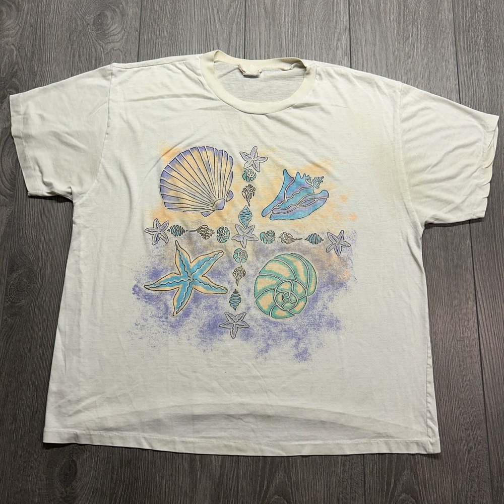Vintage 80s Sea Shell Starfish Graphic T-Shirt Large Single Stitch Pastel Tee